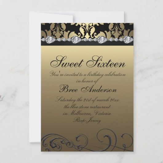 Gold Damask & Diamond Afbeelding Sweet 16 Uitnodig Kaart (Achterkant)