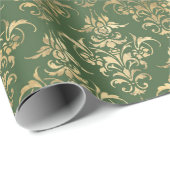 Gold Damask Elegante Groene  Vakantie Cadeaupapier (Rol Hoek)
