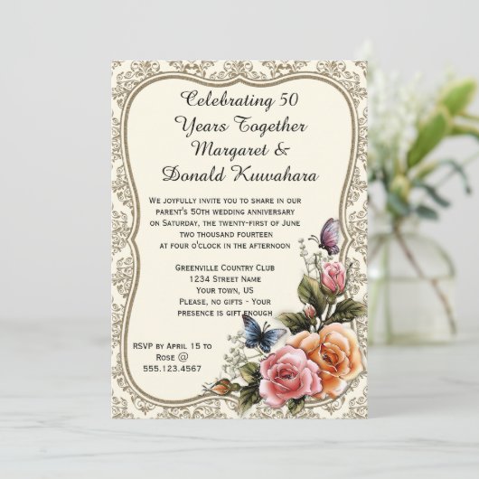 Gold Damask Gold Lijst Rozen 50e Jubileum Kaart (Staand voorkant)