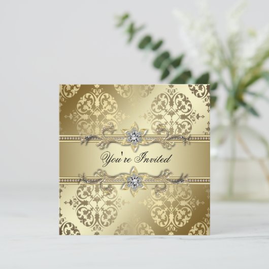Gold Damask Gold Party Kaart (Staand voorkant)