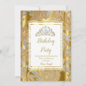 Gold Damask Gray Tiara Birthday Party Kaart (Voorkant)