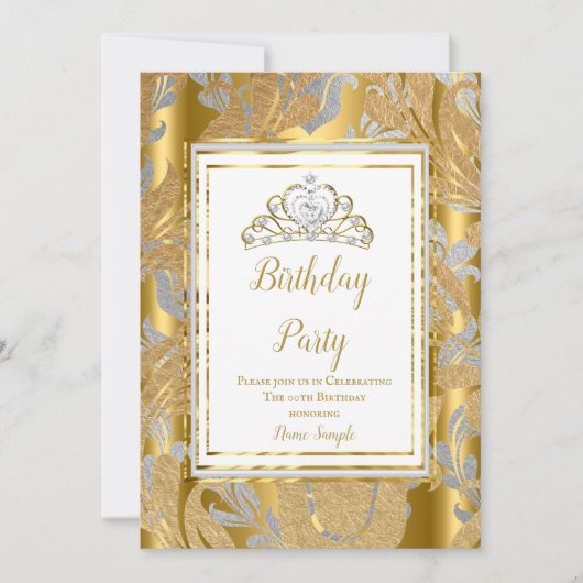 Gold Damask Gray Tiara Birthday Party Kaart (Voorkant)