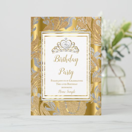 Gold Damask Gray Tiara Birthday Party Kaart (Staand voorkant)
