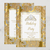 Gold Damask Gray Tiara Birthday Party Kaart (Voorkant / Achterkant)