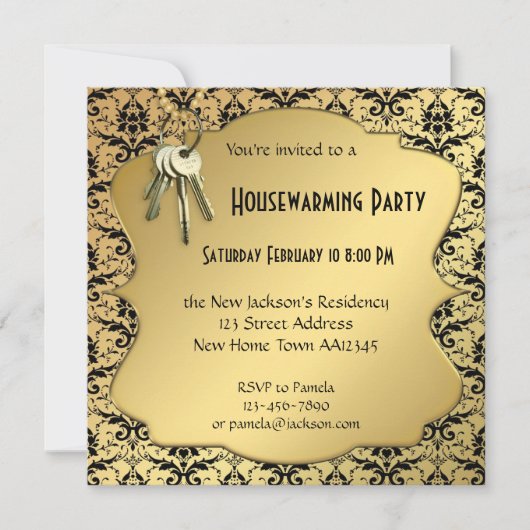 Gold & Damask Housewarming Party Uitnodiging (Voorkant)