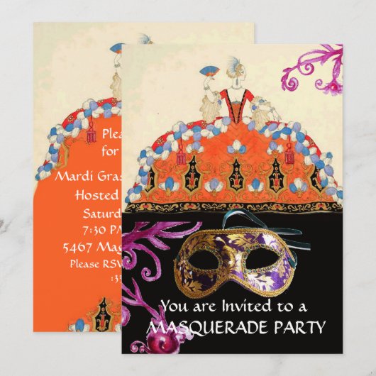 GOLD DAMASK MASK EN ORANJE LADY MASQUERADE PARTIJ KAART (Voorkant / Achterkant)
