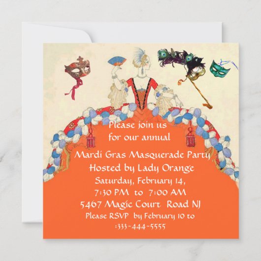 GOLD DAMASK MASKS, ORANJE LADY MASQUERADE PARTIJ KAART (Achterkant)