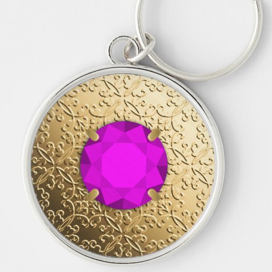 Gold Damask met een faux amethyst gemstone Sleutelhanger (Voorkant)