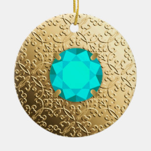 Gold Damask met een faux aquamarine gemstone Keramisch Ornament