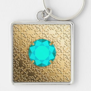 Gold Damask met een faux aquamarine gemstone Sleutelhanger