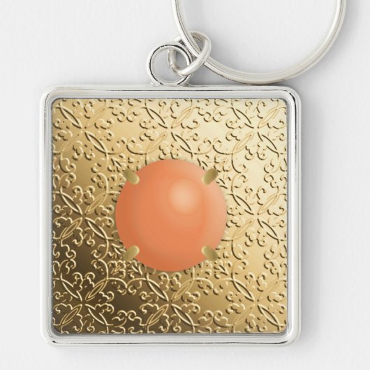 Gold Damask met een faux koraalsteen Sleutelhanger (Voorkant)