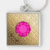 Gold Damask met een faux roze tourmaline gem Sleutelhanger (Voorkant)