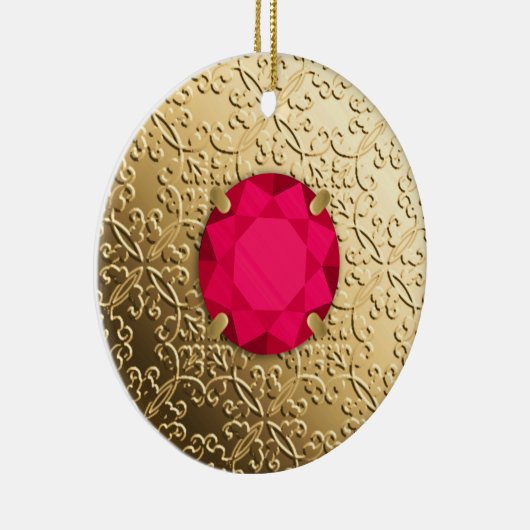 Gold Damask met een faux ruby gemstone Keramisch Ornament (Rechts)