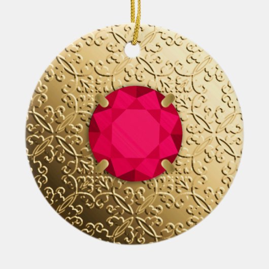 Gold Damask met een faux ruby gemstone Keramisch Ornament (Voorkant)