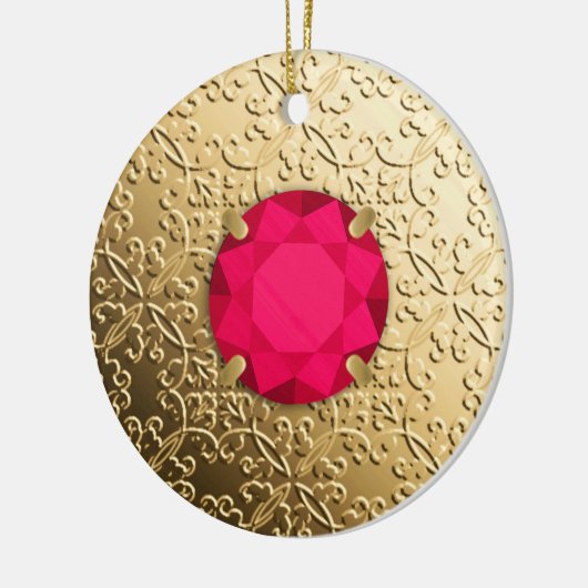 Gold Damask met een faux ruby gemstone Keramisch Ornament (Links)