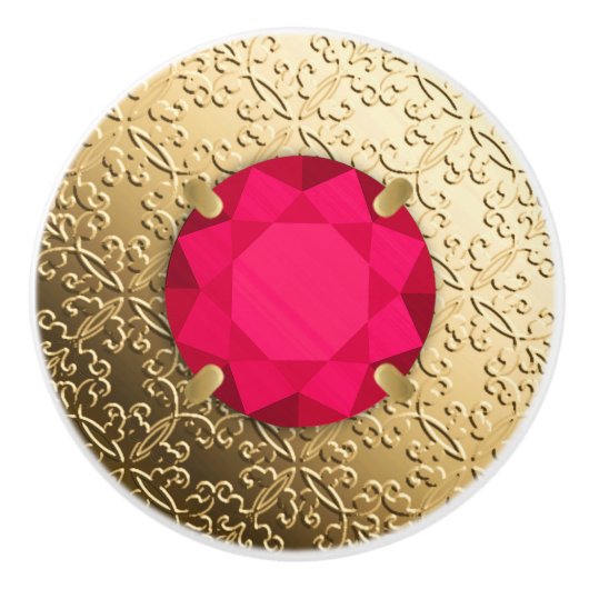 Gold Damask met een faux ruby gemstone Keramische Knop (Voorkant)