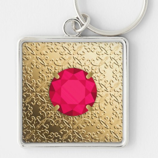 Gold Damask met een faux ruby gemstone Sleutelhanger (Voorkant)