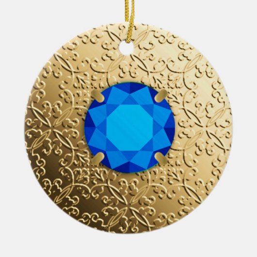 Gold Damask met een faux sapphire gemstone Keramisch Ornament (Voorkant)