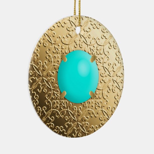 Gold Damask met een faux turquoise gemstone Keramisch Ornament (Rechts)