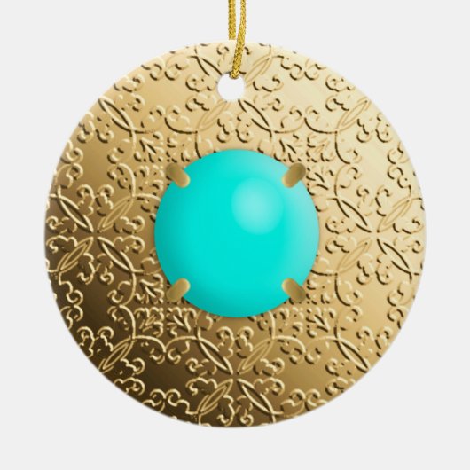 Gold Damask met een faux turquoise gemstone Keramisch Ornament (Voorkant)
