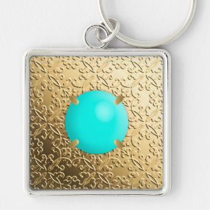 Gold Damask met een faux turquoise gemstone Sleutelhanger