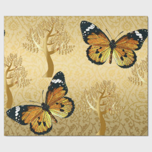 Gold Damask met Gold Trees en Butterflies Cadeaupapier