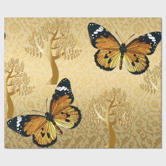 Gold Damask met Gold Trees en Butterflies Cadeaupapier (Zoom)