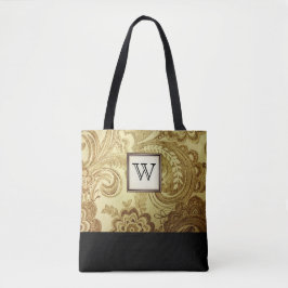 Gold Damask met zwart monogram Tote Bag