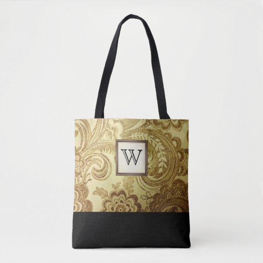 Gold Damask met zwart monogram Tote Bag (Voorkant)
