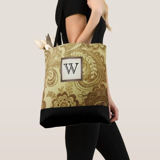 Gold Damask met zwart monogram Tote Bag (Dichtbij)