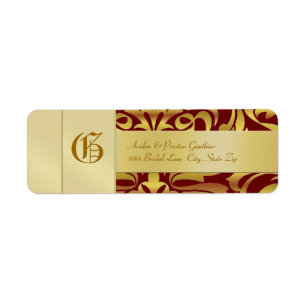 Gold Damask Monogram Rood Weddenschap Etiket