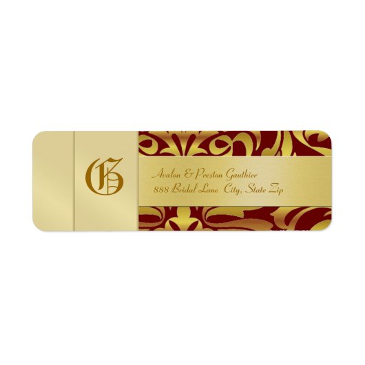 Gold Damask Monogram Rood Weddenschap Etiket (Voorkant)