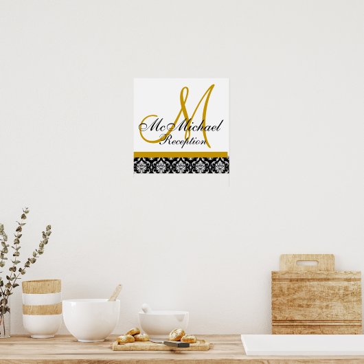 Gold Damask Monogram Weddenschappen Reception Poster (Keuken)