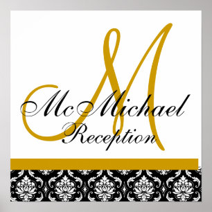 Gold Damask Monogram Weddenschappen Reception Poster