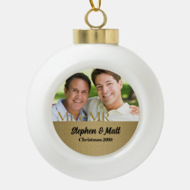 Gold Damask Mr. & Mr. Gay kerstfoto Keramische Bal Ornament