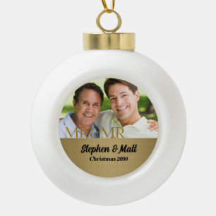 Gold Damask Mr. & Mr. Gay kerstfoto Keramische Bal Ornament