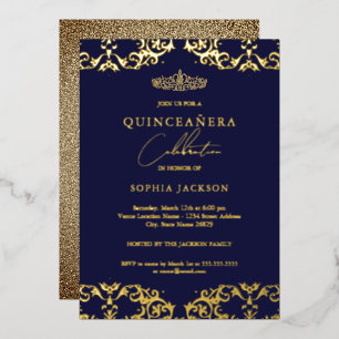 Gold Damask Navy Quinceanera 15e verjaardag Folie Uitnodiging