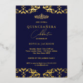 Gold Damask Navy Quinceanera 15e verjaardag Folie Uitnodiging (Voorkant)