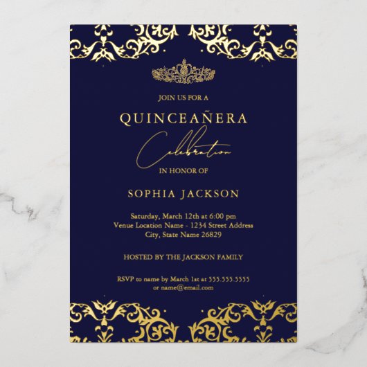 Gold Damask Navy Quinceanera 15e verjaardag Folie Uitnodiging (Voorkant)