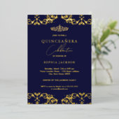 Gold Damask Navy Quinceanera 15e verjaardag Folie Uitnodiging (Staand Voorkant)