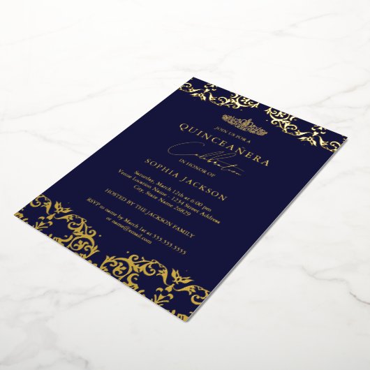 Gold Damask Navy Quinceanera 15e verjaardag Folie Uitnodiging (Gedraaid)