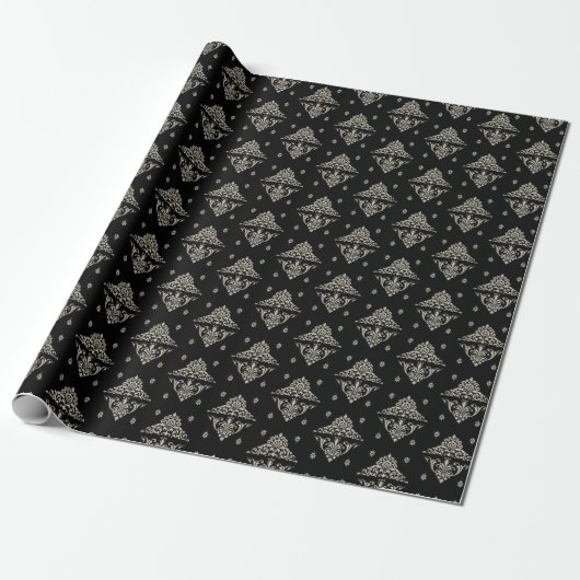 Gold Damask op Black Victoriaans geïnspireerd Cadeaupapier (Uitgerold)