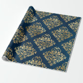 Gold Damask op Blue Cadeaupapier (Uitgerold)