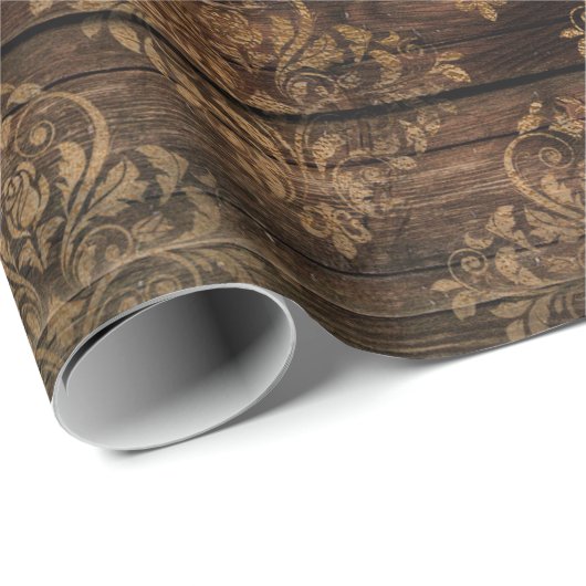 Gold Damask op bruin hout Cadeaupapier (Rol Hoek)