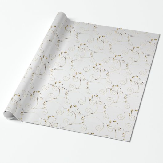 Gold Damask op White Faux Satin | Weddenschap Cadeaupapier (Uitgerold)