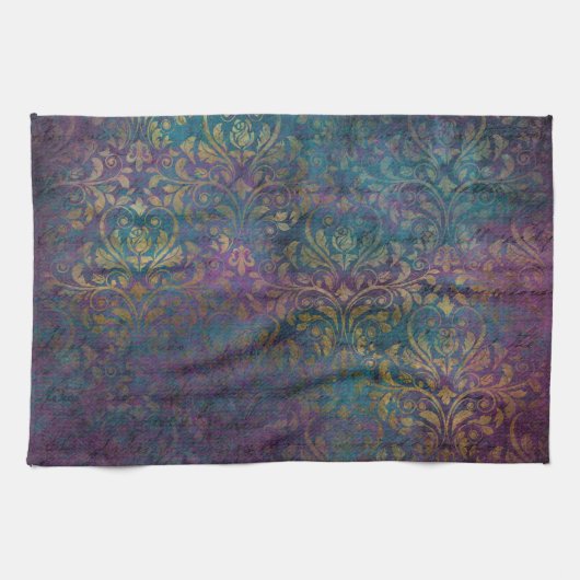 Gold Damask Paars Pink Blauwgroen Theedoek (Horizontaal)