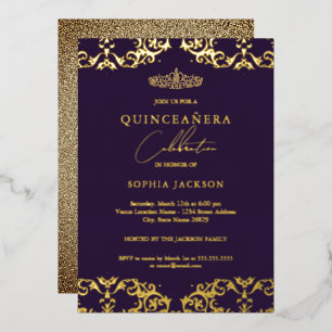 Gold Damask Paars Quinceanera 15e verjaardag Folie Uitnodiging