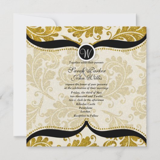 Gold Damask Paisley Wedding Invite Kaart (Voorkant)