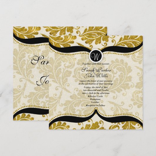 Gold Damask Paisley Wedding Invite Kaart (Voorkant / Achterkant)