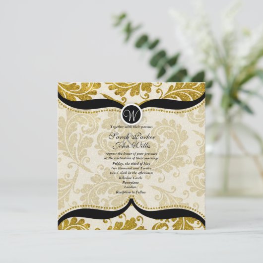 Gold Damask Paisley Wedding Invite Kaart (Staand voorkant)